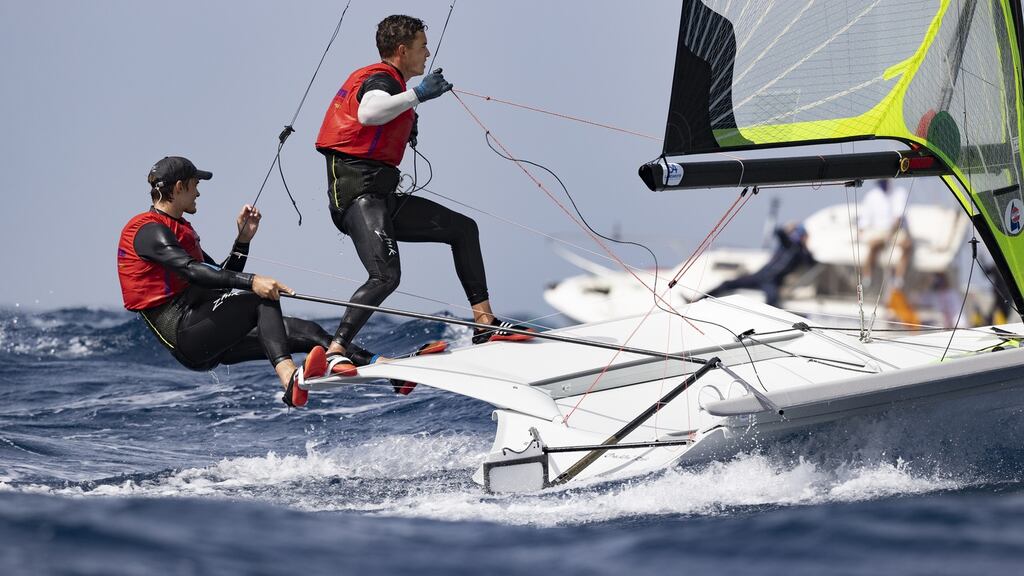 Robert Dickson and Sean Waddilove on their way to winning bronze to qualify Ireland for the Tokyo Olympics in Lanzarote earlier this year. Photograph: Dave Branigan/Inpho