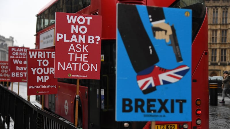 Pro-EU placards outside parliament in London last week. Photograph: Andy Rain/EPA