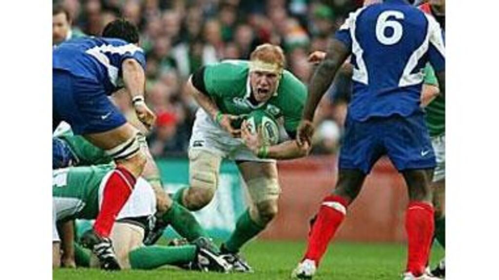 Ireland captain for the day Paul O'Connell attacks the French
defence in Croke Park