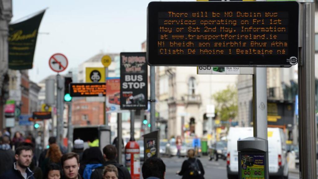 Dublin bus sign on Dame Street announcing loss of bus services due to unions strike at Bus Depots at the beginning of the month. Photograph: Cyril Byrne/The Irish Times.