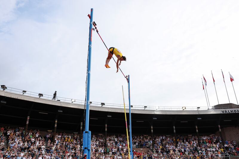 Armand Duplantis of Team Sweden jumping 6.28 to set a new world record. Photograph: Linnea Rheborg/Getty Images