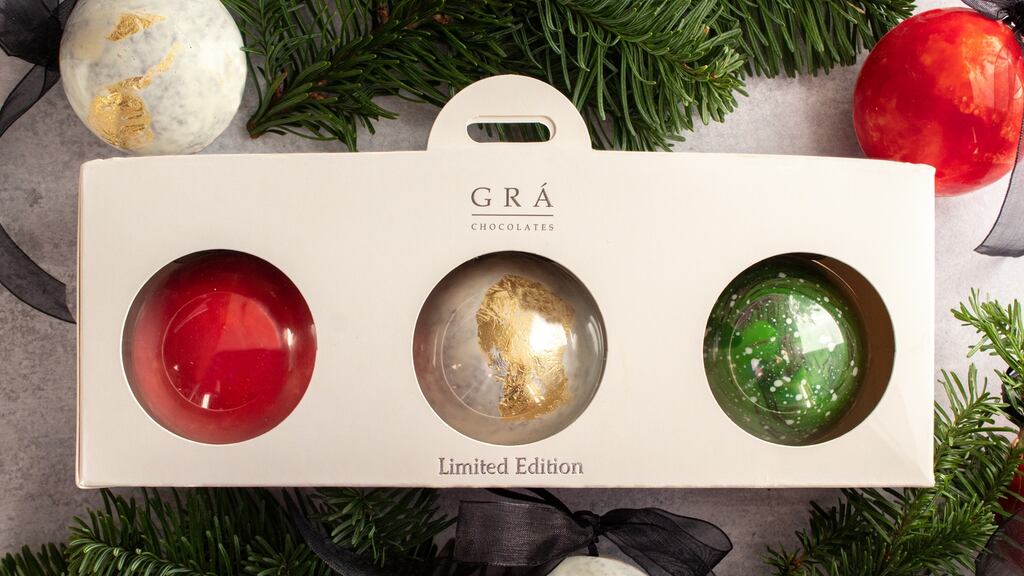 Limited edition chocolate baubles (€30 for three) from Grá Chocolates