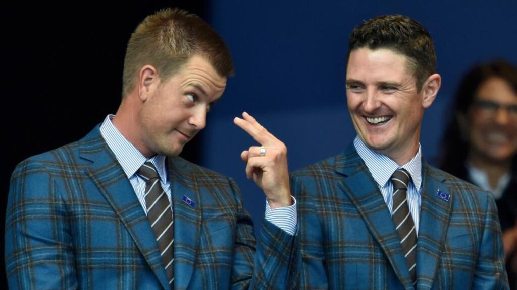 Henrik Stenson and Justin Rose react after being announced as the first pairing for Europe for the 40th Ryder Cup, at Gleneagles in Scotland. Photograph: Reuters.