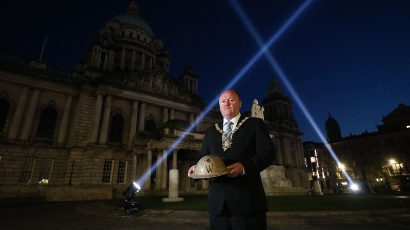 Belfast Lord Mayor Alderman Frank McCoubrey at City Hall as the 80th anniversary of the ’Belfast Blitz’ was commemorated on Thursday evening. Photograph: Belfast City Council/PA