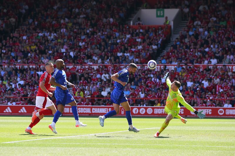 Conor Coady scores Leicester City's first goal. Photograph: Ed Sykes/Getty Images