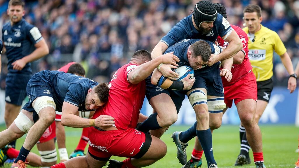 Leinster’s Jack Conan, Cian Healy and Scott Fardy in action with Charlie Faumuina of Toulouse during their victory at the RDS. Photograph: Gary Carr/Inpho