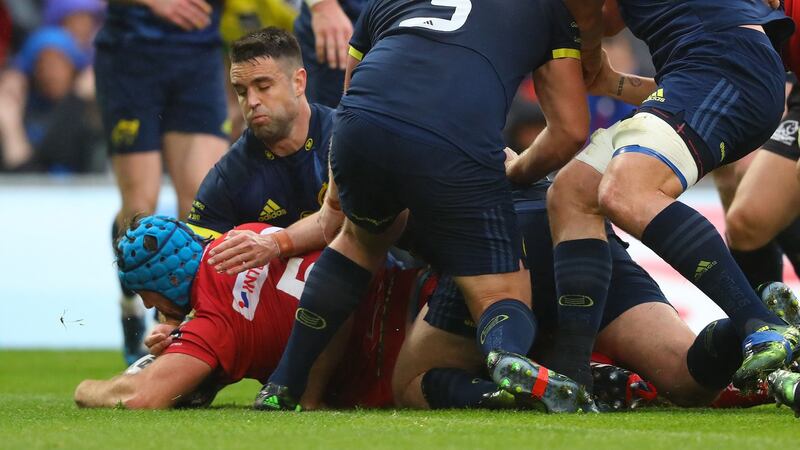 Tadhg Beirne scores a try for the Scarlets during their 2017 Pro12 final win over Munster. Photograph: James Crombie/Inpho