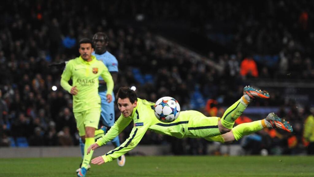 Barcelona’s Lionel Messi misses the target with a diving header from his penalty rebound against Manchester City during their Champions League tie at the Etihad Stadium. Photograph: EPA