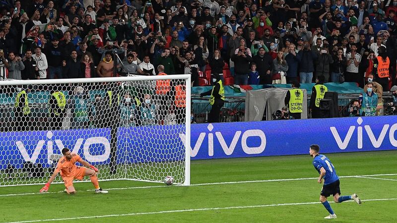 Jorginho scores the winning penalty for Italy against Spain. Photograph: Facundo Arrizabalaga/Getty/AFP