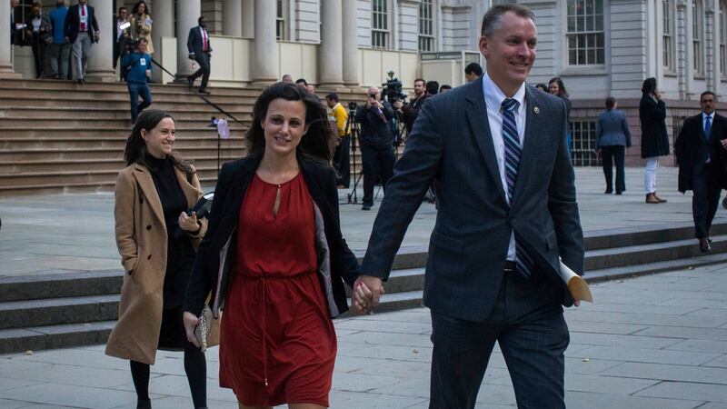 Dermot Shea leaves City Hall in New York with his wife, Serena, after being named commisioner of the New York Police Department – the largest police force in the United States. Photograph: Dave Sanders/The New York Times