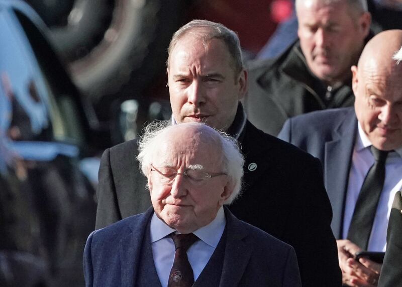 President Michael D. Higgins leaves after the funeral Mass of James Monaghan and his mother Catherine O'Donnell at St Michael's Church, Creeslough. Photograph: Brian Lawless/PA Wire