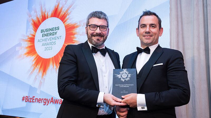 Conall Bolger, awards judge, presents the best energy achievement in healthcare award to Sean Maye, Merit Medical