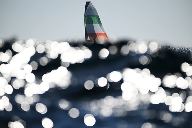 MARSEILLE, FRANCE - AUGUST 01: Robert Dickson and Sean Waddilove of Team Ireland compete during the Men's Skiff Men's Skiff 49er class Medal Race on day six of the Olympic Games Paris 2024 at Marseille Marina on August 01, 2024 in Marseille, France. (Photo by Clive Mason/Getty Images)