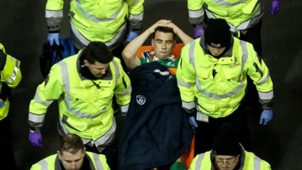 Republic of Ireland captain Séamus Coleman is carried off the field during his team’s match against Wales, in Dublin. Photograph: ©INPHO/Tommy Dickson