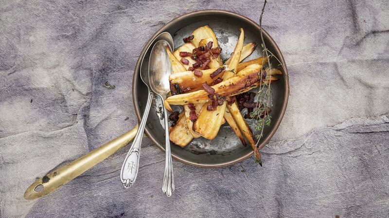 Sticky parsnips with sherry and smoked bacon