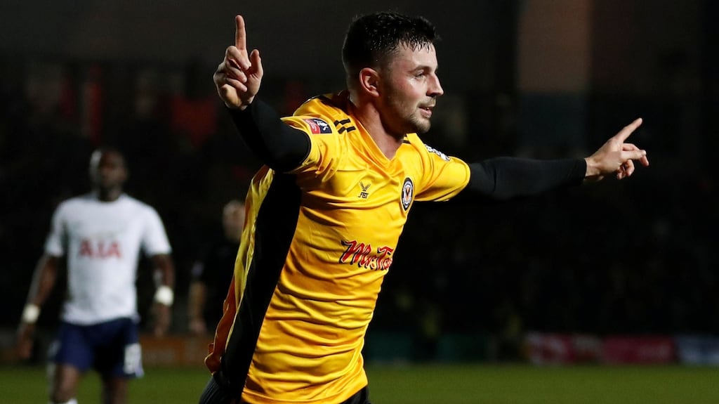 Newport County’s Padraig Amond celebrates his goal. Photograph: Matthew Childs/Reuters