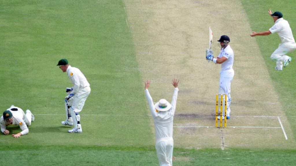 Steve Smith takes a catch to dismiss England’s Matt Prior for a duck on day two of the first Ashes test. Photograph: Dave Hunt/EPA