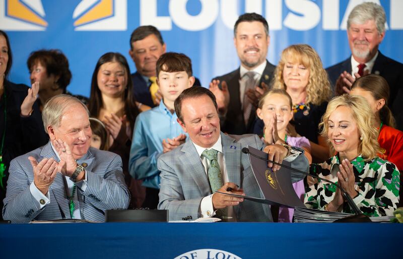 Jeff Landry signs bills related to his education plan on Wednesday. Photograph: Brad Bowie/The Times-Picayune/The New Orleans Advocate via AP