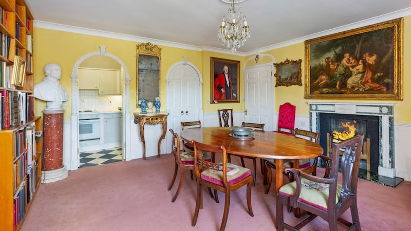 The dining room and kitchen