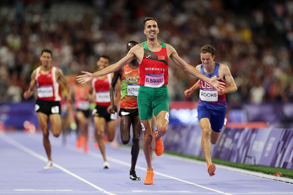 Soufiane El Bakkali of Morocco celebrates winning the gold medal. Photograph: Patrick Smith/Getty