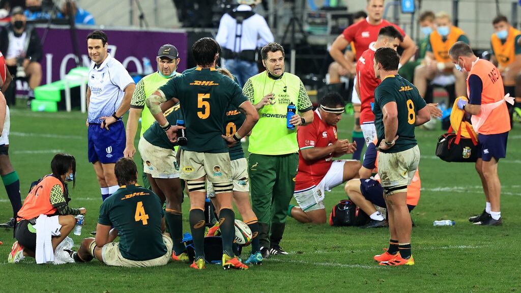 South Africa’s director of rugby Rassie Erasmus’s bibbed-up cameo as a runner during the last British and Lions tour series was absurd. Photograph: David Rogers/Getty Images