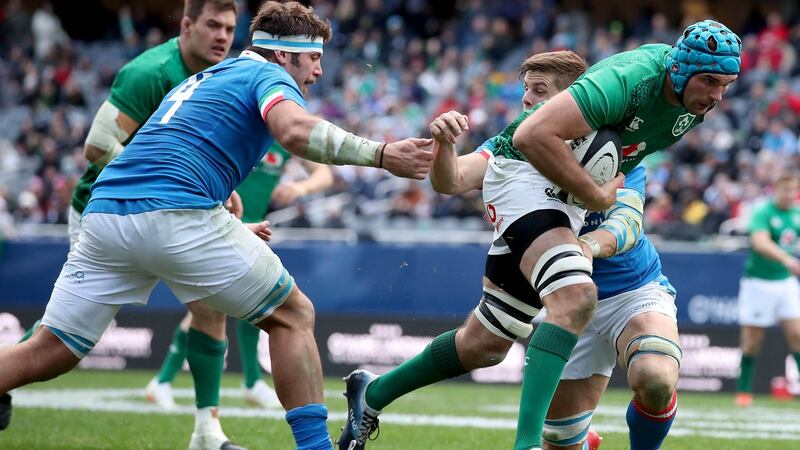 Tadhg Beirne goes over for his second try and Ireland’s third during the match against Italy in Chicago. Photograph: Dan Sheridan/Inpho