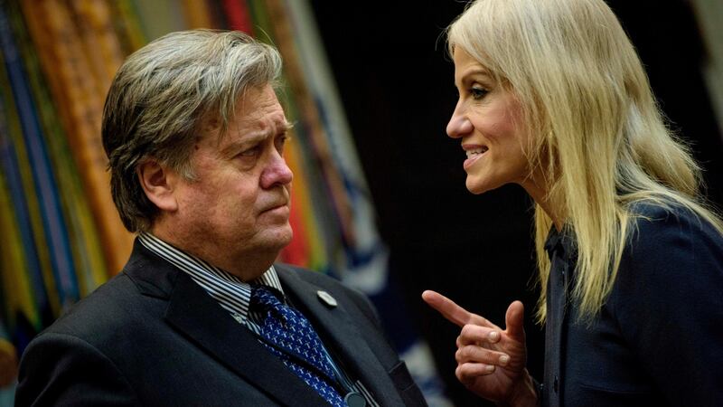 Then  White House adviser Steve Bannon with counsellor to the president  Kellyanne Conway. Bannon has not disputed his quotes in the book, even as the material has damaged him. Photograph:  Brendan Smialowski/AFP/Getty Images