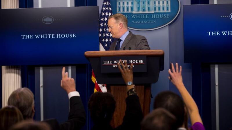 White House press secretary Sean Spicer accused the media of “false reporting” that the attendance at Barack Obama’s 2009 inauguration surpassed the crowd at Trump’s. Photograph: Doug Mills/New York Times