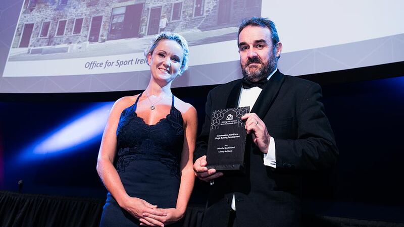 Claire Solon, Awards Judge presents the Conservation Award for a Single Building or Development to Frank Cooney, Cooney Architects.