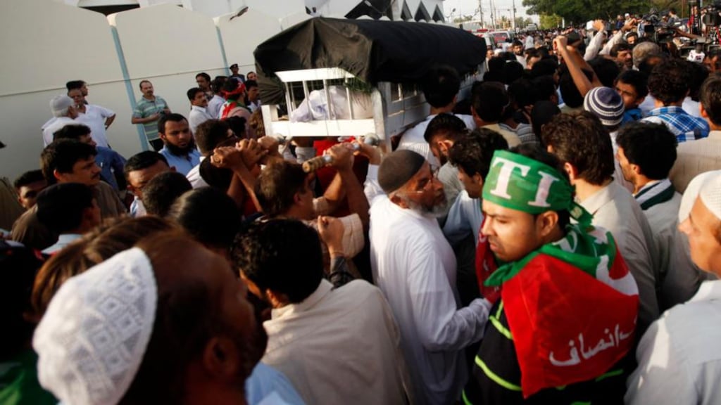 People carry the coffin of Zara Shahid Hussain, a senior female politician from cricketer-turned-politician Imran Khan’s Tehreek-e-Insaf party, during her funeral ceremony in Karachi yesterday. Photograph: Reuters/Athar Hussain