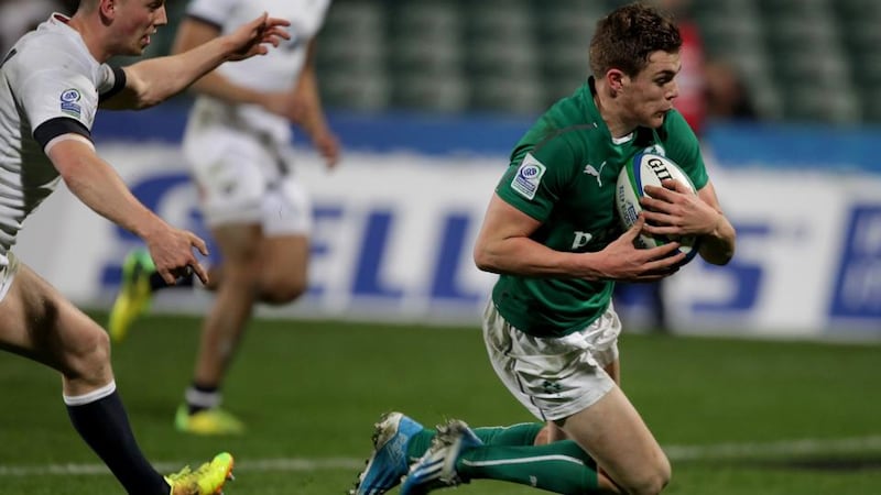 Garry Ringrose scores a try against England last June in the under-20 World Cup semi-final in Auckland, New Zealand
