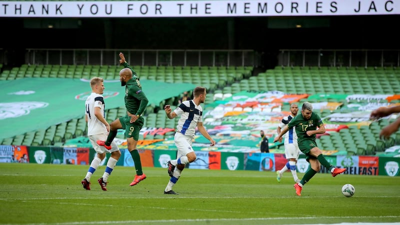 Ireland’s Aaron Connolly takes a shot on goal at their Nations League match against Finland at the Aviva Stadium in Dublin on Sunday. Photograph: Ryan Byrne/Inpho