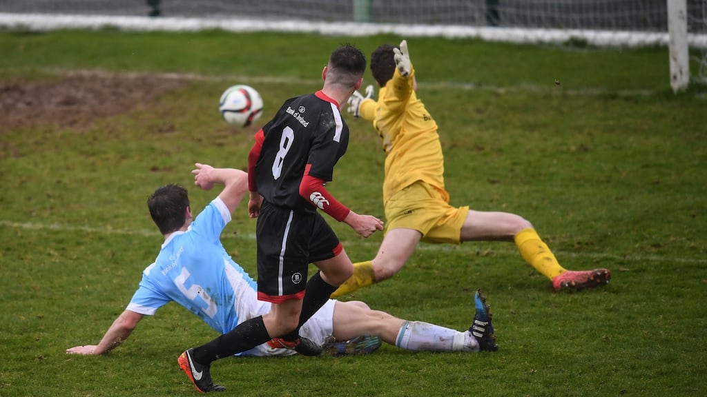 Gordon Walker scores his side’s winning goal during the Bank of Ireland FAI Schools Dr Tony O’Neill Senior Cup Final match between Rice College, Westport, and St. Francis College, Rochestown. Photograph: Stephen McCarthy/Sportsfile