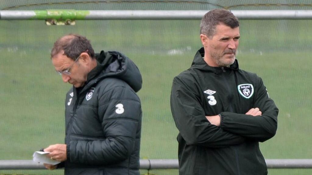 Republic of Ireland manager Martin O’Neill (left) and assistant coach Roy Keane during yesterday’s  training session at Malahide. Photograph: Artur Widak/PA Wire