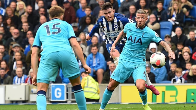 Aaron Connolly scores Brighton’s third goal during the Premier League win against Tottenham Hotspur at the Amex stadium. Photograph: Glyn Kirk/AFP via Getty Images