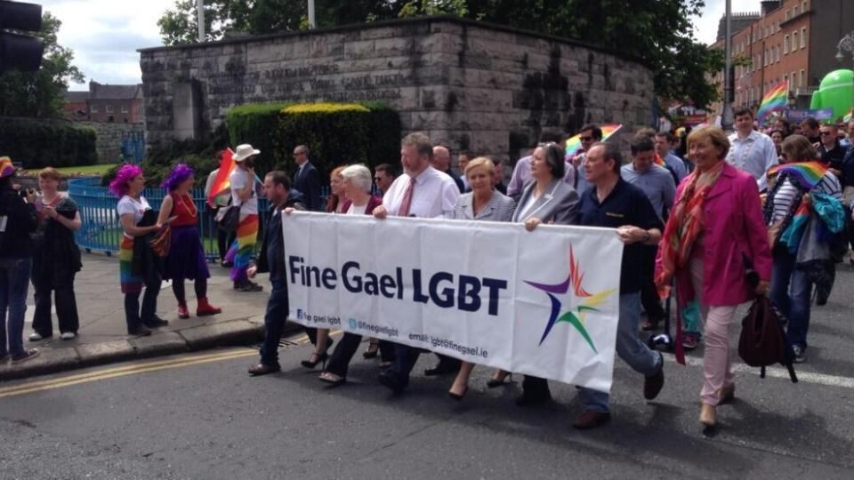 Minister for Justice Frances Fitzgerald and Minister for Health James Reilly march alongside other members of Fine Gael at the Dublin Pride Parade. Photograph: David Cochrane/The Irish Times
