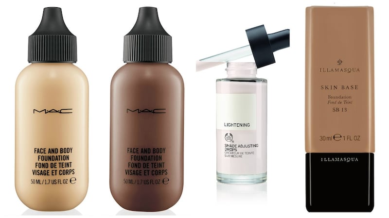 Mac Face and Body Foundation in Shade N1 or N7 (€31.50); The Body Shop Shade Adjusting Drops (€17); Illamasqua Skin Base Foundation (€28.75 - €30.50 from Debenhams)