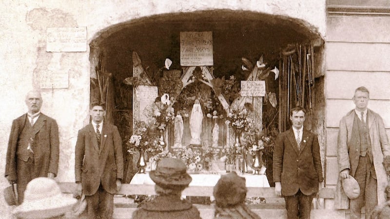 IRA volunteers guarding the improvised altar at Dwan’s Yard, September 1920. Photograph: Hogan collection, National Library of Ireland