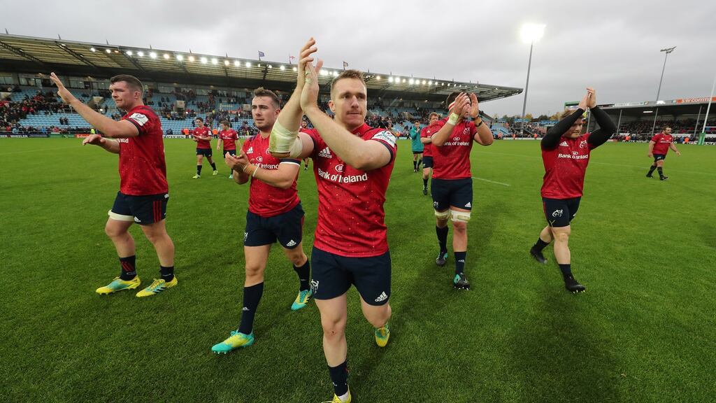 Munster’s Peter O’Mahony, JJ Hanrahan, Rory Scannell, Billy Holland and Chris Cloete applaud the travelling support after the draw away to Exeter at Sandy Park. Photograph: Billy Stickland/Inpho