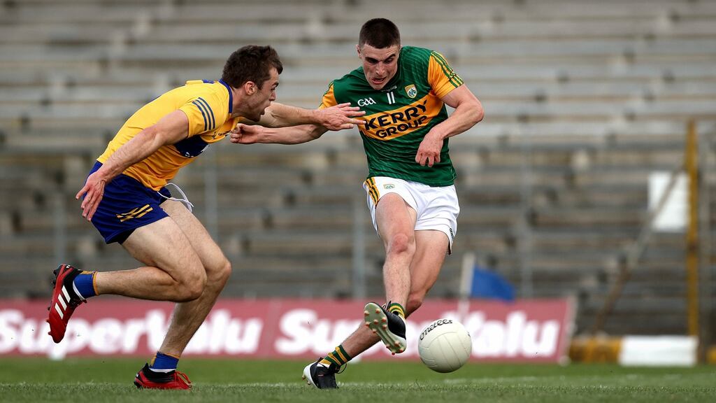 Kerry’s Seán O’Shea scores the first goal of the game during the Munster SFC quarter-final against Clare at Fitzgerald Stadium in Killarney. Photograph: Ryan Byrne/Inpho
