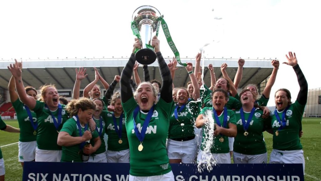Ireland women celebrate their Six Nations championship victory after their comprehensive 73-3 win over Scotland. Photograph: Inpho