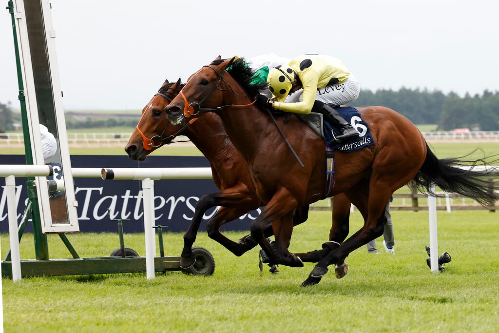 Rosallion ridden by Sean Levey (right) on their way to winning the Tattersalls Irish 2,000 Guineas at the Curragh. Photograph: Damien Eagers/PA Wire