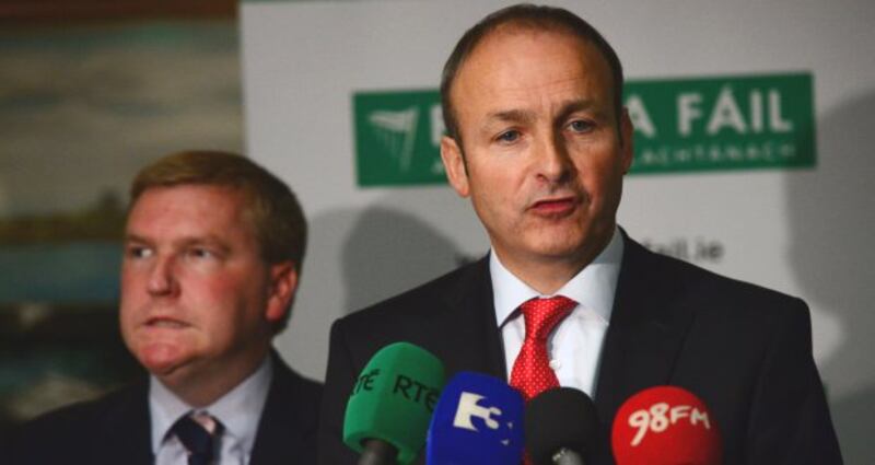 Fianna Fáil leader Micheál Martin (right) and the party’s finance spokesman Michael McGrath, speaking at his party’s meeting in Waterford today. Photograph: Bryan O’Brien / The Irish Times.