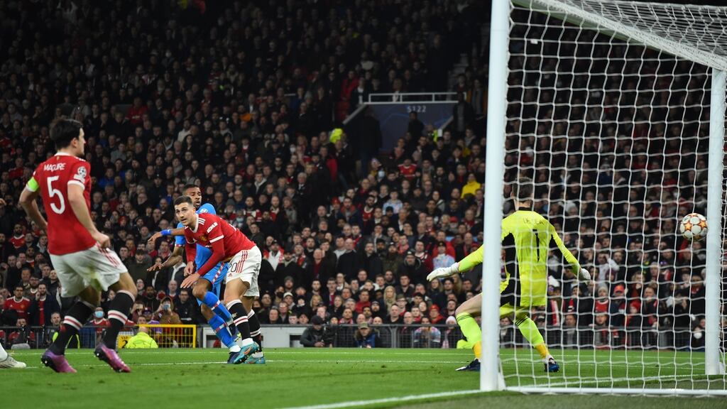 Atlético Madrid’s Renan Lodi scores the winning goal at Old Trafford. Photograph: Peter Powell/EPA