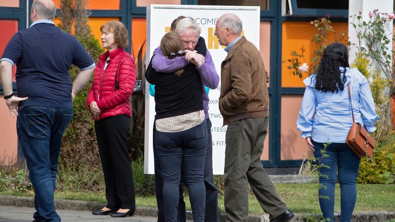 Friends and colleagues of Det Garda Colm Horkan pictured at a prayer service for him in The Hub, Castlerea on Thursday evening. Photograph: Colin Keegan/ Collins Dublin