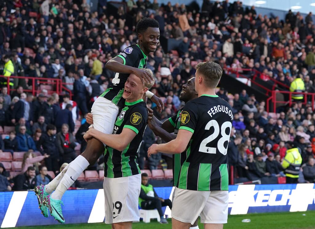 Brighton's Simon Adingra celebrates scoring his side's fourth goal of the game. Photograph: Nick Potts/PA