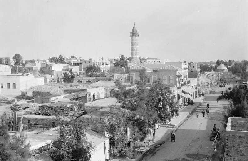 A view of the Great Omari Mosque in Gaza and the surrounding streets circa 1927. Photograph: American Colony Photo Department/Library of Congress via The New York Times