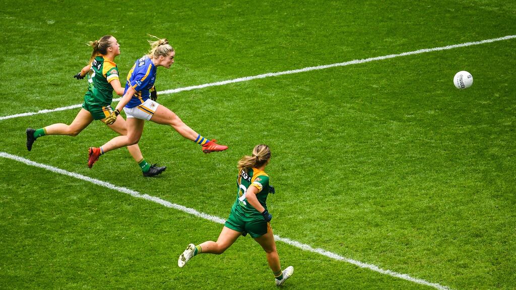 Aisling McCarthy of Tipperary shoots to score her side’s second goal during the TG4 All-Ireland Ladies Football Intermediate Championship Final against Meath at Croke Park. Photograph: Ramsey Cardy/Sportsfile