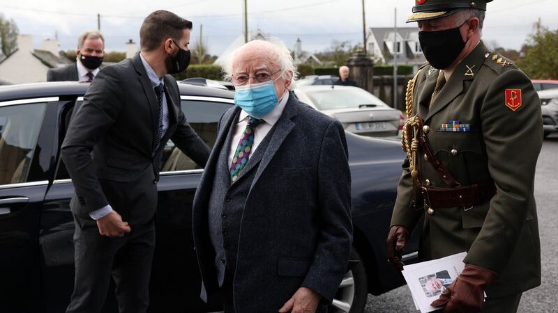 President Michael D Higgins arrives for the funeral of Austin Currie. Photograph: Laura Hutton
