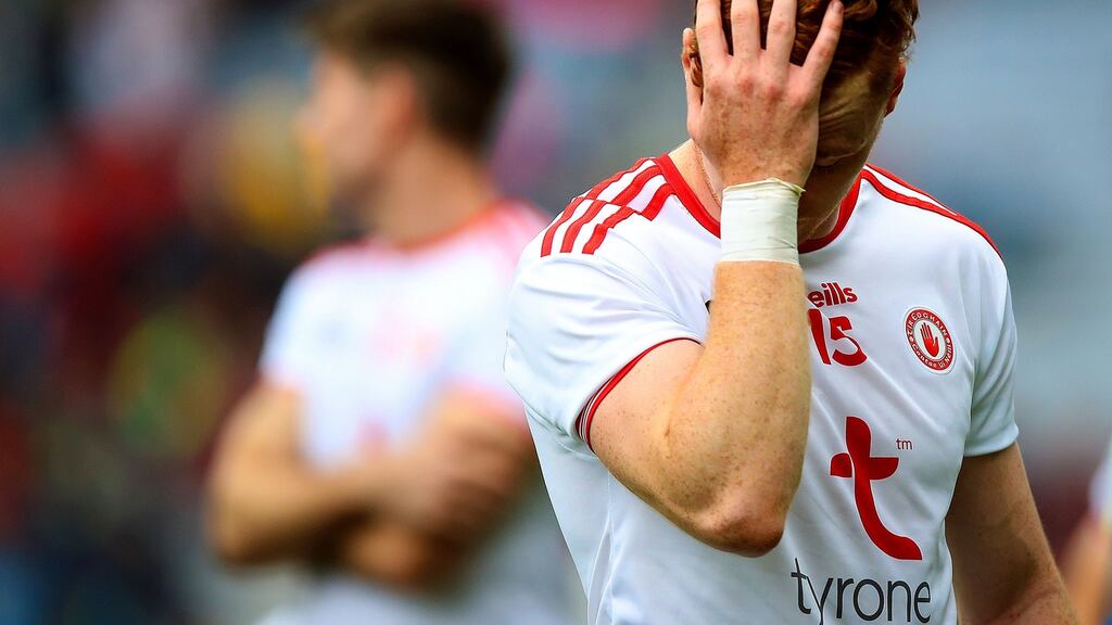 A dejected Conor Meyler following Tyrone’s defeat by Kerry in the All-Ireland semi-final at Croke Park. Photograph: Tommy Dickson/Inpho